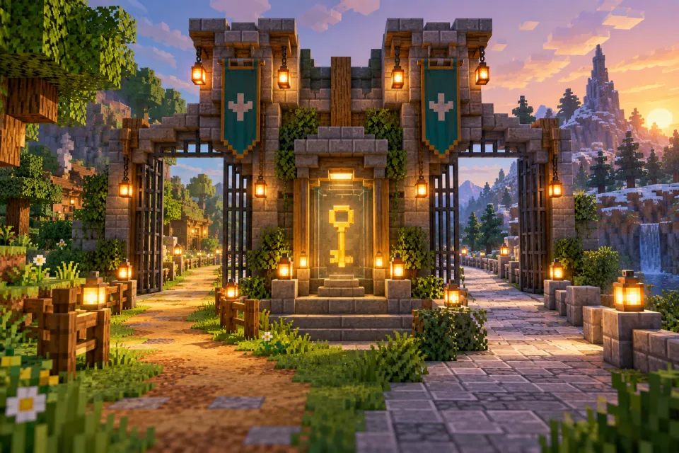 A protected key vault beside two welcoming entrances.