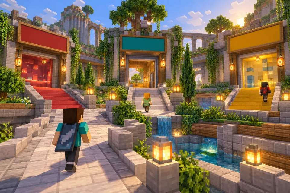 A spacious community courtyard with clear paths and broad entrances.
