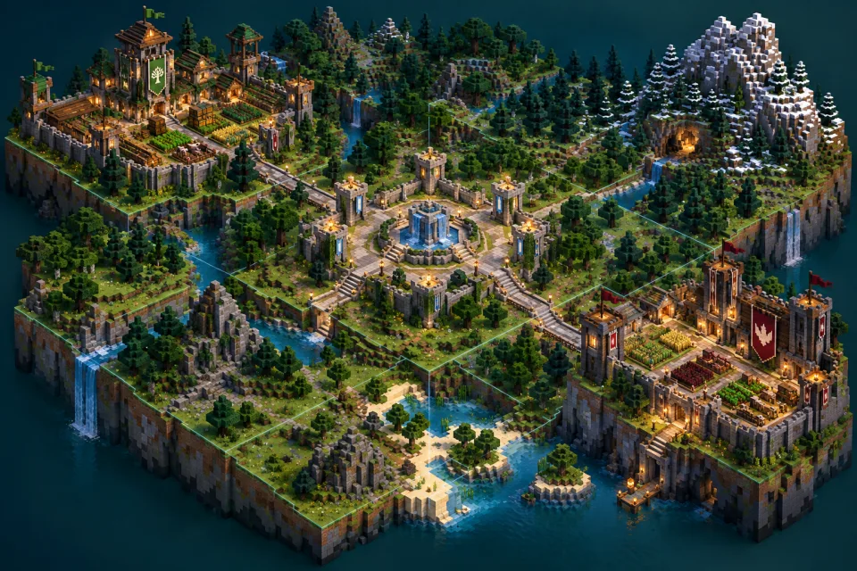 Concept illustration of a central spawn courtyard, wilderness and two separate faction bases.