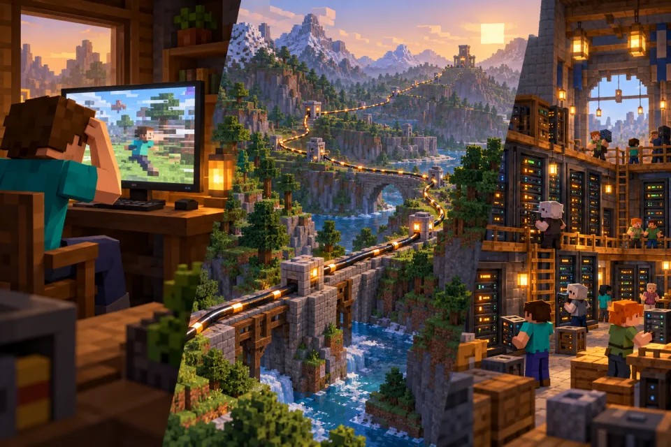 Three scenes show a struggling screen, a network route and a busy world-processing workshop.