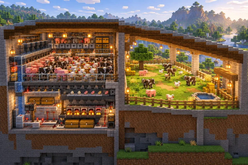 A cutaway compares a crowded farm area with a more orderly work area.