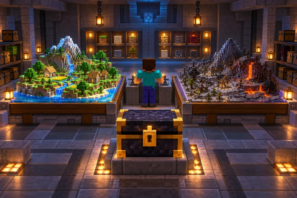 Two miniature worlds on separate workbenches beside a protected archive.