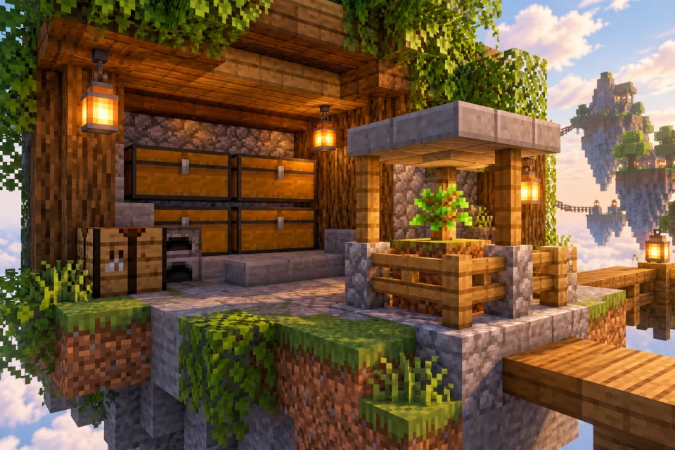 A protected storage nook and a sheltered sapling on a small floating island.