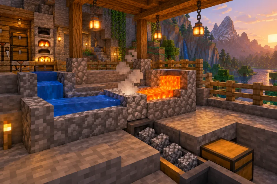 A stone workshop with separate water and lava channels.