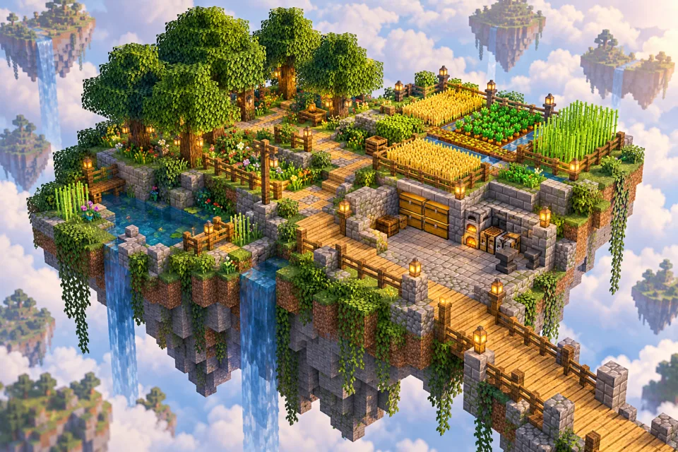An overhead island plan separates trees, crops, paths and a stone work area.