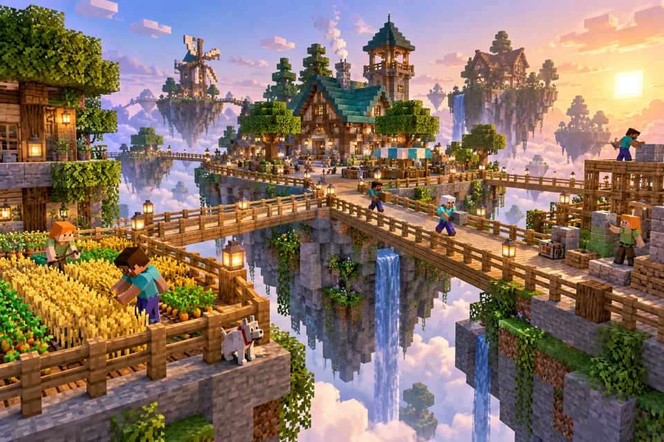 A shared floating village connected by broad fenced paths.