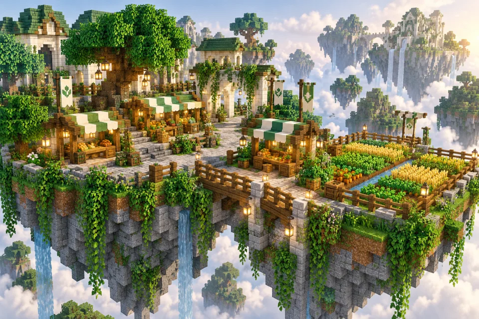 A floating market beside a working crop farm.
