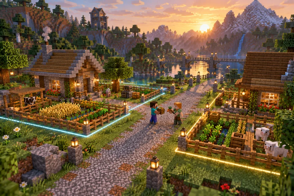 Two neighboring survival homesteads with separate gardens and a shared public road.