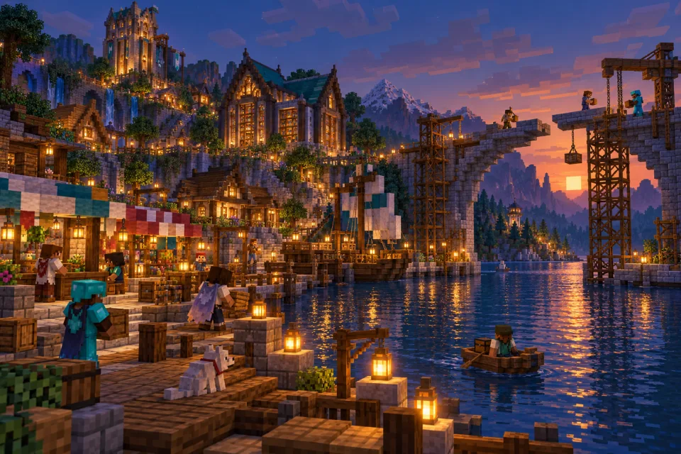Cooperative survival town at twilight with a public harbor, market and bridge under construction.