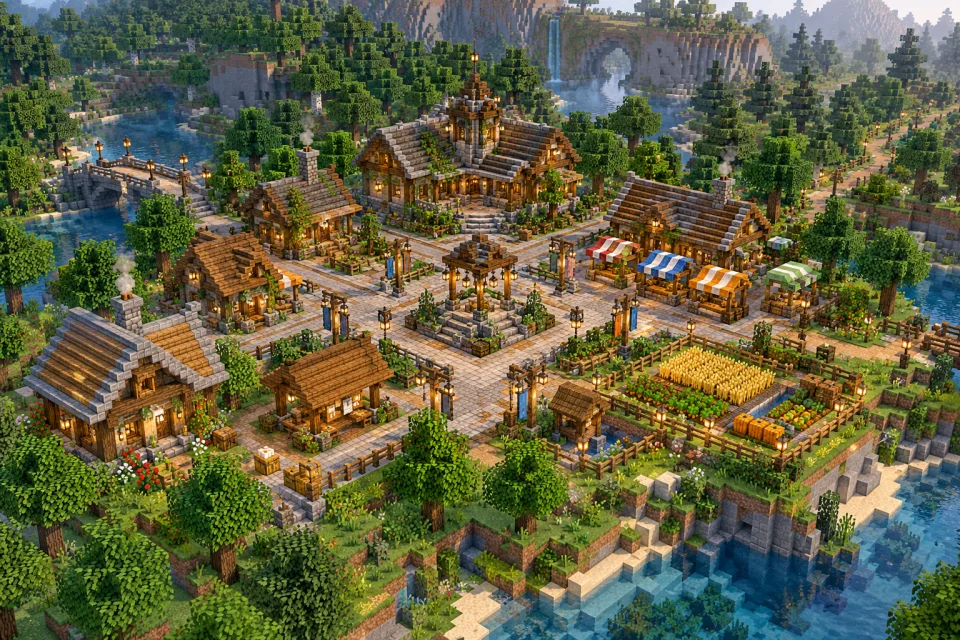 Isometric spawn concept with an arrival plaza, crossing paths, small stalls, a garden and surrounding wilderness.