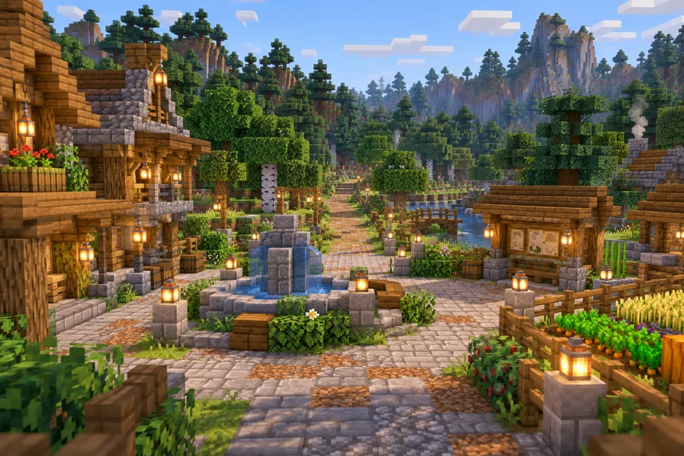 Compact oak and stone spawn courtyard with a fountain, garden and clear path into the forest.